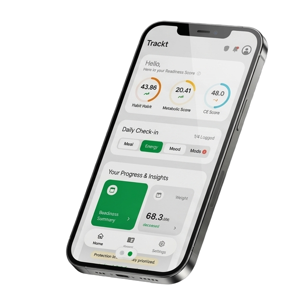 Trackt app dashboard showing readiness score, daily check-in, and progress insights.